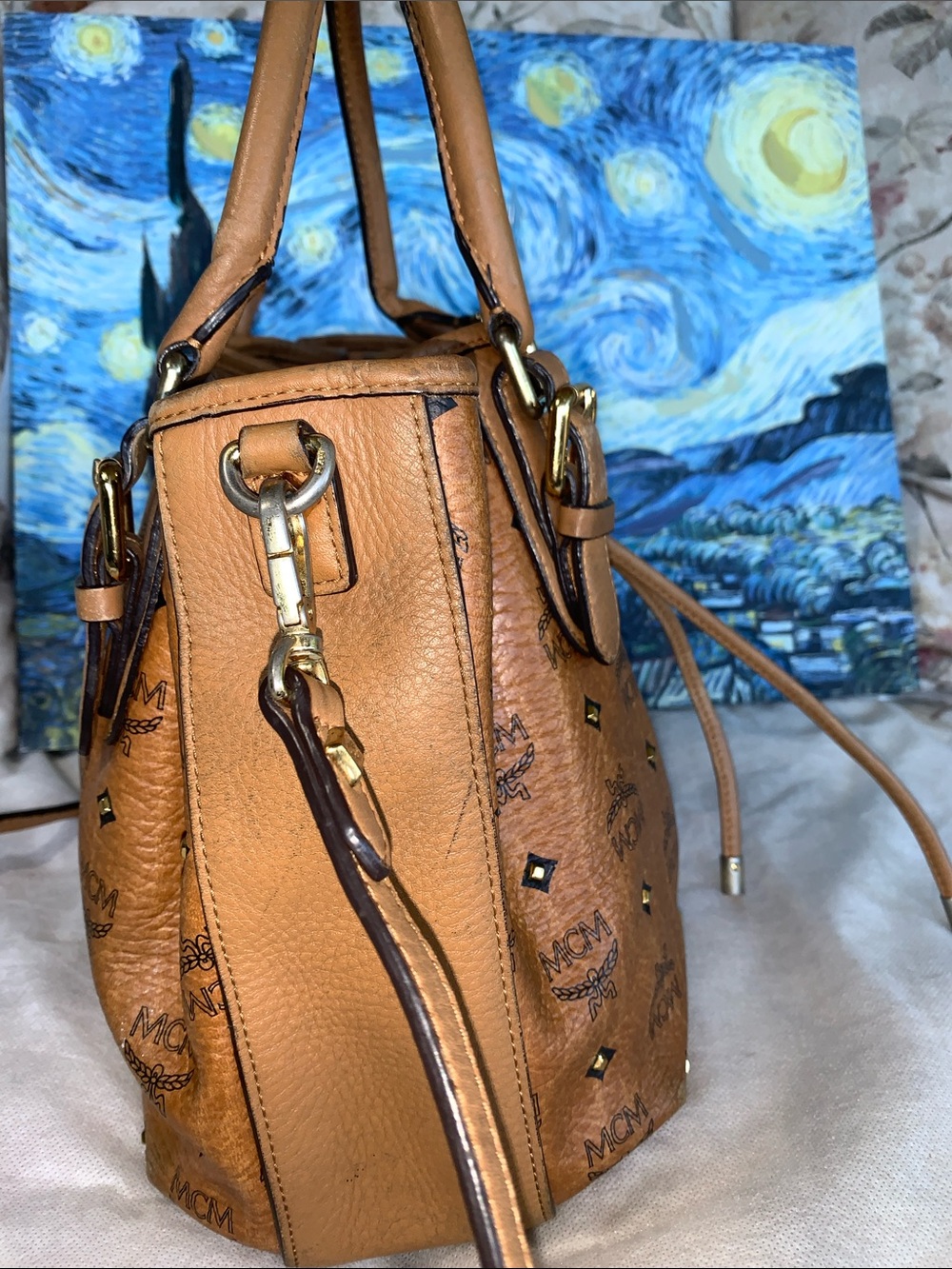 MCM Cognac Visetos Drawstring Bucket Crossbody bag with Authenticity card - Picture 5 of 13